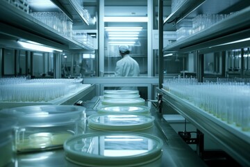 Obraz premium Futuristic laboratory interior showcasing tubes and glassware, meticulously organized for advanced scientific exploration and research in a highly controlled setting.