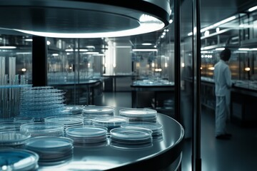 A modern laboratory with meticulously stacked Petri dishes, bathed in futuristic lighting, designed for advanced scientific research and laboratory procedures.