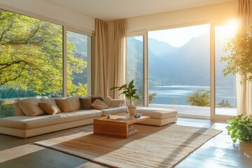 Fototapeta premium A bright and airy minimalist interior featuring a large window that opens up to an expansive view of a lake and surrounding mountains, with elegant furnishings.