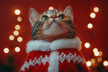 Cat in Red Christmas Sweater, Looking Up, Bokeh Lights Background