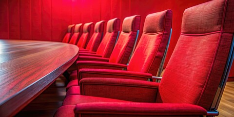 Fototapeta premium Macro lens captures the rich texture of red chairs in a focused conference room.
