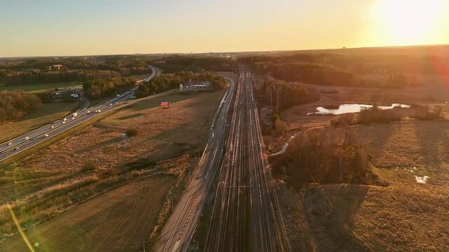 E4 motorway between Stockholm and Uppsala and railtracks from Stockholm, clear winter day