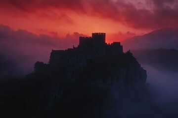 Obraz premium A formidable fortress is silhouetted against a crimson sky at dusk, with mist swirling through the valley, creating an ethereal and mysterious atmosphere.