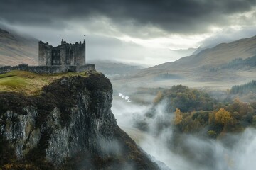 A solitary ancient castle stands on a sheer cliff, overlooking a misty valley and distant rolling hills, embodying endurance, strength, and mystery.