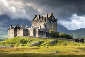 Fototapeta premium An iconic castle stands majestically with lush meadows in the foreground, framed by dramatic, stormy skies, exemplifying timeless grandeur and natural beauty.