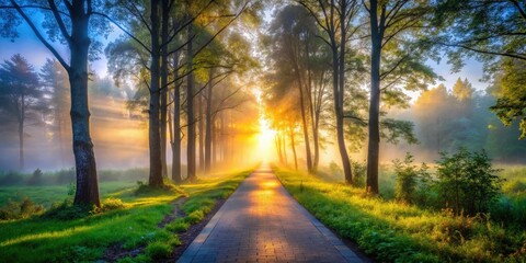 Obraz premium Misty dawn illuminates a wide forest path, fog shrouding the distant trees.
