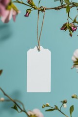 Mockup of a label on a jute string with a minimalist background and floral accents. Perfect for branding and design projects.