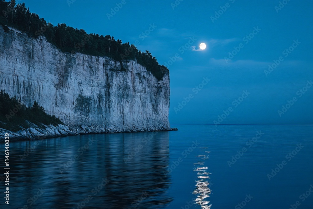 Aufkleber a serene view of a cliff illuminated by moonlight, reflecting on the tranquil sea under a clear nigh