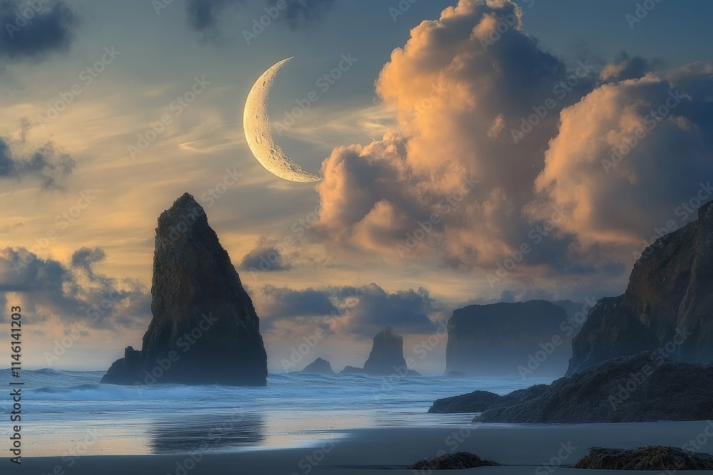 Poster a serene beach scene featuring towering rock formations and a crescent moon amidst clouds at twiligh