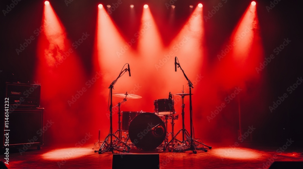 Poster empty stage with a drum set framed by sweeping red lighting, creating a striking scene for a powerfu
