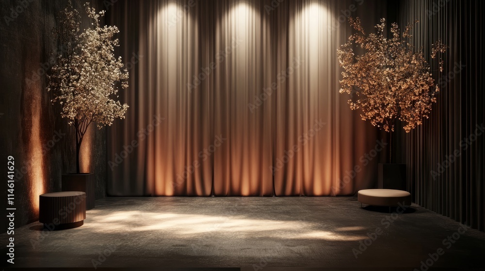 Poster minimalist backdrop design with smooth textures and warm lighting, suitable for elegant event stagin