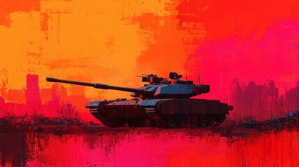 Tank silhouette, vivid sunset hues, striking contrast, abstract military art, bold colors.