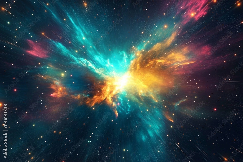Aufkleber dynamic image of an explosion in space with radiant teal, yellow, and pink hues, depicting a celesti
