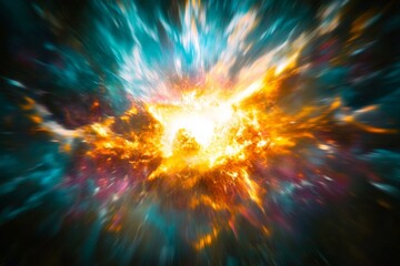 Fototapeta premium This image captures a vibrant explosion of teal, orange, and yellow hues, simulating a cosmic event or energy burst, full of dynamic light and motion effects.