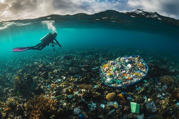 A scuba diver is seen amidst the vast underwater pollution, including plastics and other debris, highlighting serious environmental concerns in the ocean ecosystem.