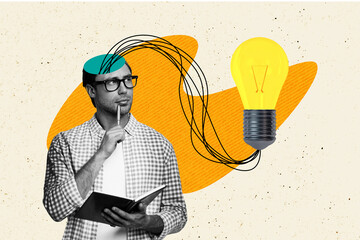 Composite trend artwork sketch image 3D photo collage of student young guy eyewear rope idea lamp...