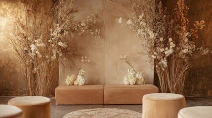 Timeless, neutral-toned backdrop with subtle texture and customizable decor, adaptable for weddings, corporate events, and more.