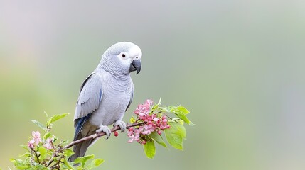 Obraz premium Grey parrot perched on a flowering branch.