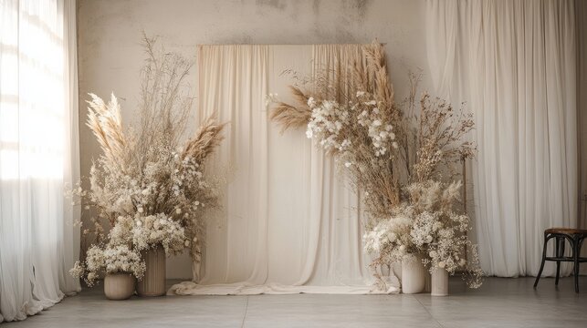 Timeless, neutral-toned backdrop with subtle texture and customizable decor, adaptable for weddings, corporate events, and more.
