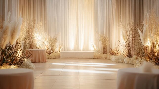 Timeless, neutral-toned backdrop with subtle texture and customizable decor, adaptable for weddings, corporate events, and more.