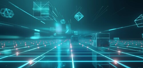 Obraz premium A futuristic digital business background with a neon blue digital grid and floating geometric shapes, evoking a sense of high-tech innovation and futuristic business solutions.