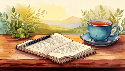 Morning journaling scene with a watercolor notebook, pen, and cup of tea with copy space