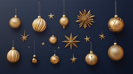 A collection of gold Christmas ornaments displayed against a deep blue background, featuring a decorative snowflake and stars. Perfect for festive, elegant holiday themes