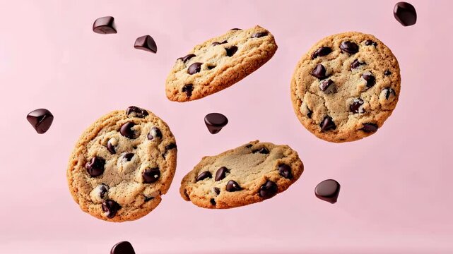 Cookies Levitation. Creative food template. Chocolate chip cookie bursting flying in midair on a pink color background. Magazine, banner, advertisement. Copy text space. Falling broken biscuits
