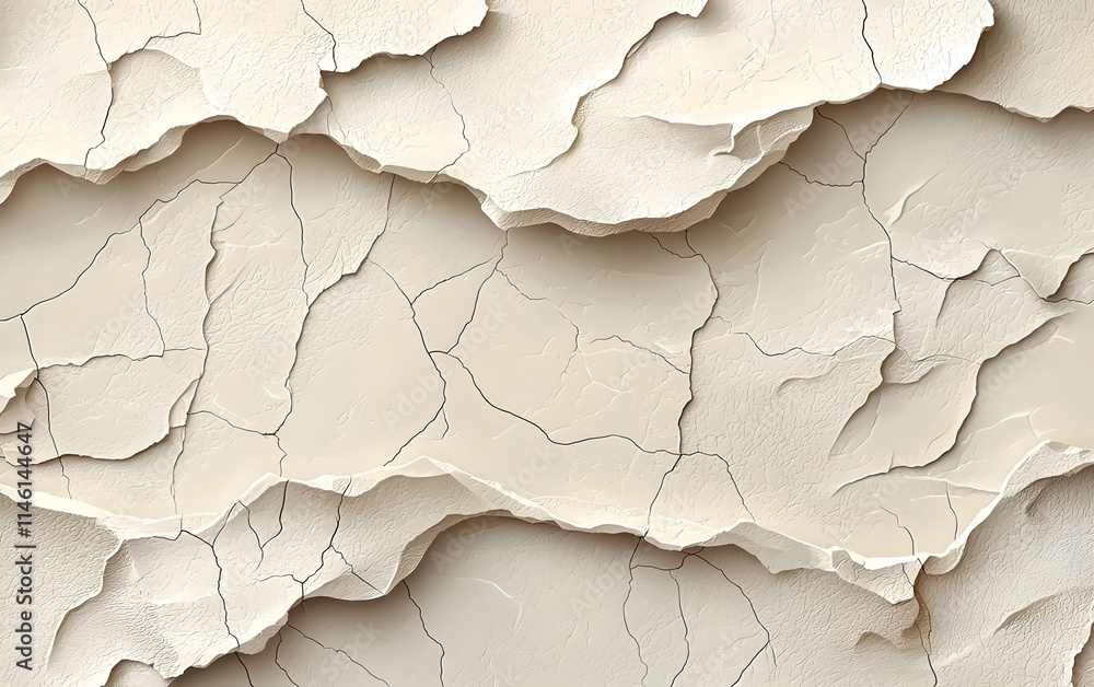 Poster close-up of textured cracked layers in a light cream color, creating an abstract background with a n