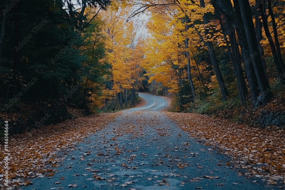 Poster A narrow road lined with golden autumn leaves winds through a vibrant forest, offering a captivating view with towering trees creating an enchanting tunnel-like appearance.