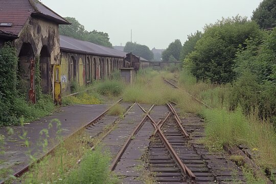 Rusty railway tracks overcome by wild plants run beside abandoned structures, evoking a desolate and melancholic atmosphere in an urban landscape marked by decay.