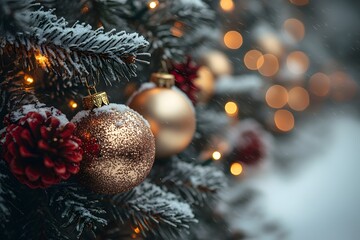a close-up of beautifully detailed christmas ornaments hanging on a snow-dusted pine branch. 