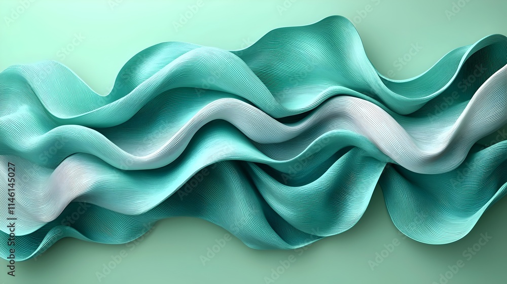Poster a mesmerizing abstract wave of turquoise and white, showcasing flowing curves and textured layers, e