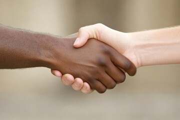 A close-up of two people with differing skin tones shaking hands, illustrating a powerful message of unity, collaboration, and mutual understanding.