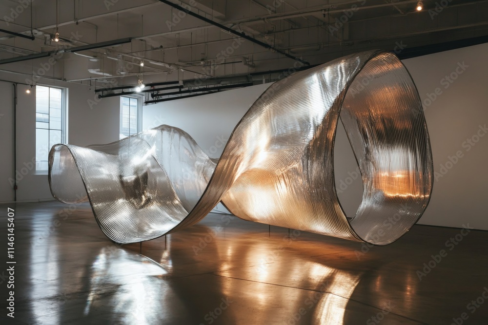 Poster this image showcases a large, twisting metal sculpture inside a minimalist art gallery, with overhea