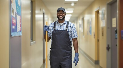 Hardworking Janitor in Hallway: A friendly janitor in a clean uniform smiles confidently while holding a mop in a hallway, conveying a sense of dedication and pride in his work.