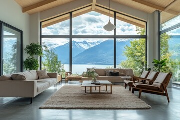 A beautifully designed living room features expansive glass walls overlooking a breathtaking mountain and lake view, blending indoor comfort with outdoor grandeur seamlessly.
