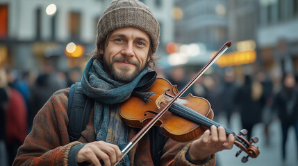 street musician playing violin in urban setting with pedestrians watching for cultural and artistic themes

