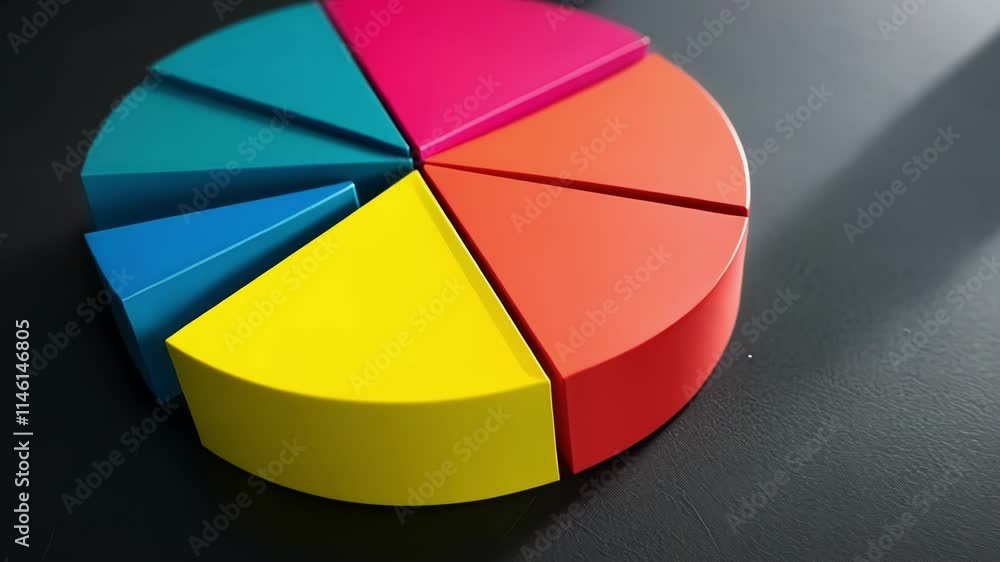 Poster vibrant pie chart displayed on a dark surface, representing market analysis and financial reports, w