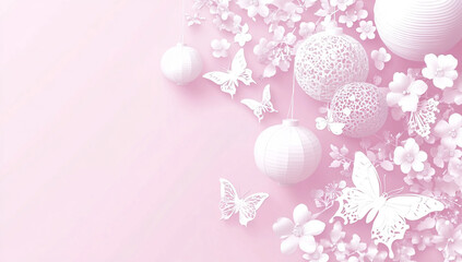 Charming festive design for Chinese New Year featuring pink lanterns, butterflies, and floral elements, creating joyful atmosphere
