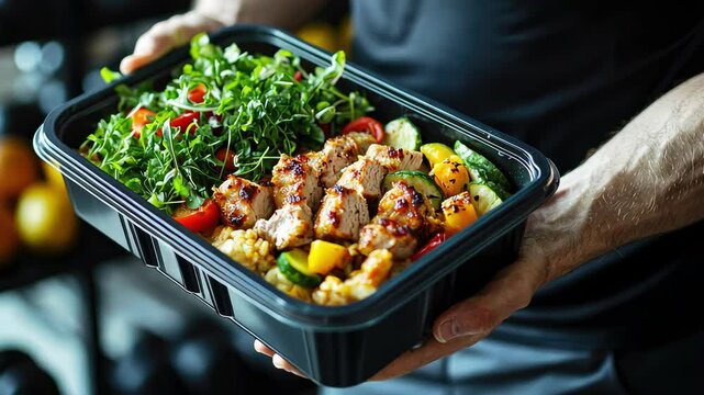 in his hands a container with lunch. Selective focus