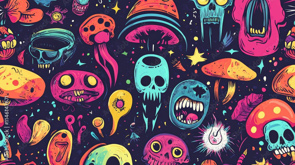 Aufkleber brightly colored fantasy creatures and skulls create an intricate pattern in a vibrant cosmic settin