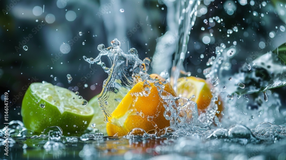 Poster lemons and limes splashing into water with dynamic motion