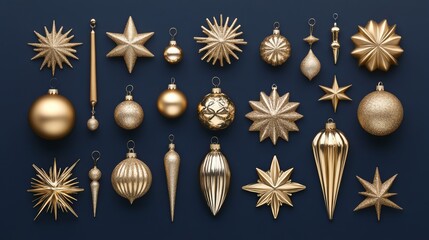 A collection of gold Christmas ornaments displayed against a deep blue background, featuring a decorative snowflake and stars. Perfect for festive, elegant holiday themes