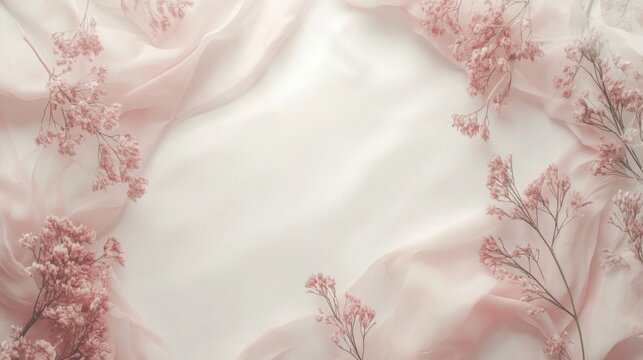 Soft pink fabric drapes gracefully around a light-colored background, adorned with small pink flowers.