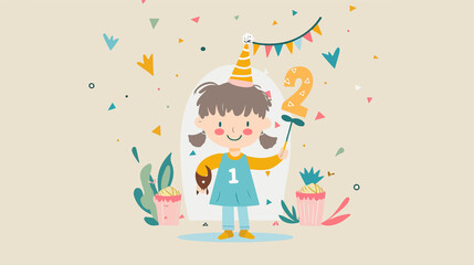 Number Two Candle with Stick Figure Lit Illustration