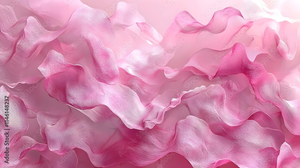 Poster An abstract wave of soft pink fabric flowing gently, creating a dreamy and serene atmosphere with delicate textures and fluid movement.