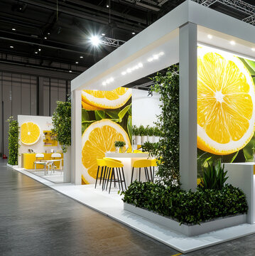 Bright Trade Show Booth with Lemon-Themed Design and Fresh Greenery in a Modern Exhibition Hall