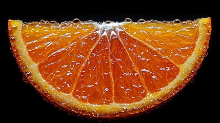 Juicy orange slice with vibrant pulp texture on a black background