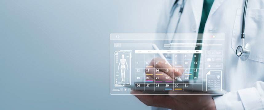 Doctor using a digital calendar interface with medical details, symbolizing modern healthcare scheduling and technological advancement. Ideal for concepts of time management and healthcare technology
